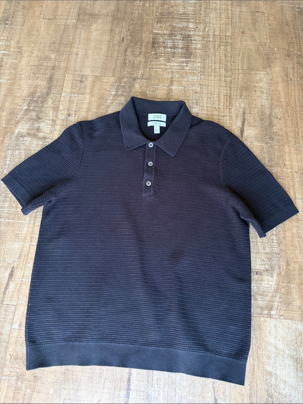 COS TEXTURED KNITTED COTTON POLO SHIRT BLACK - Picture 3 of 6